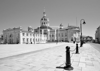 Wide angle image in black and white of Kingston City Hall and Springer Market Square