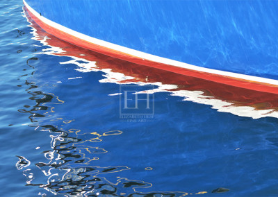 Painted boat lines reflected in blue lake water as abstract fine art photography image offered as interior art for design projects