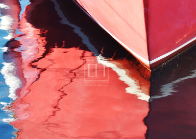 Painted Red Boat abstract fine art photography in red blue white from Canadian artist Elizabeth Hesp's Reflections series offered as interior art from Elizabeth Hesp Fine Art in Kingston Ontario