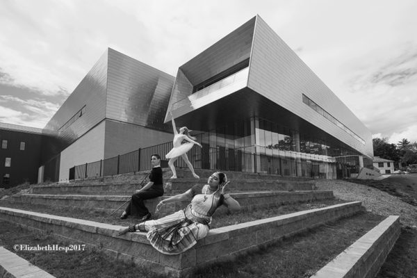 Elizabeth Hesp fine art photograph of a Bharatanatyam dancer, a ballerina and a violinist posing on the steps outside the Isabel Bader Centre of the Performing Arts Centre